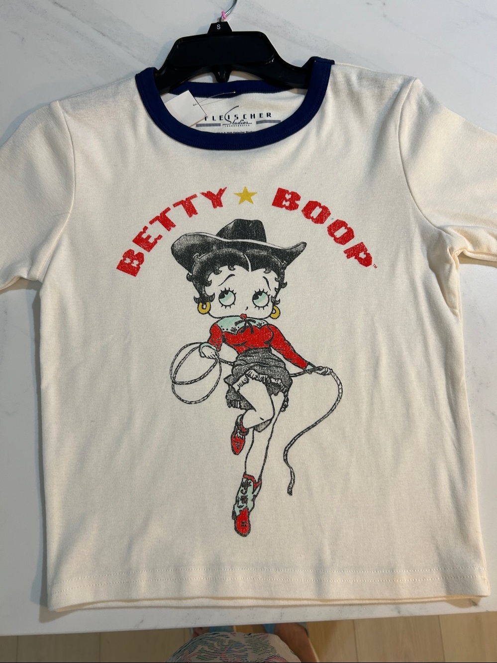 Betty Boop Cream Tee with Navy Trim and Red Graphic